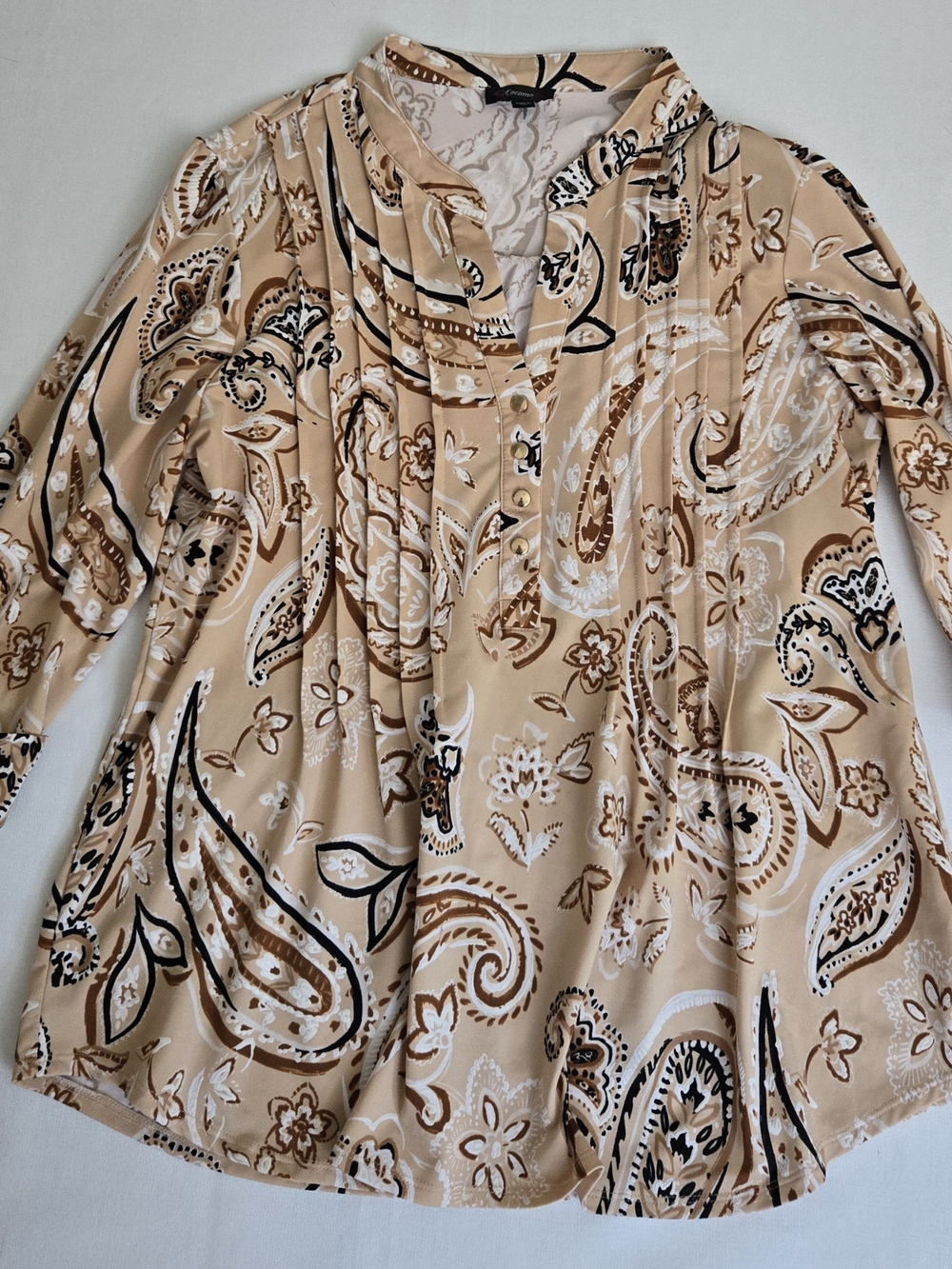 Cocomo Beige Paisley Pleated Neck Tunic Blouse, Size XL, Polyester/ Spandex